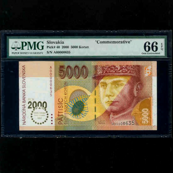 SLOVAKIA-ιŰ-P40-MILAN RASTISLAR STEFANIK(ж Ƽ Ĵũ-ġ)-PMG66-5.000 KORUN-1995