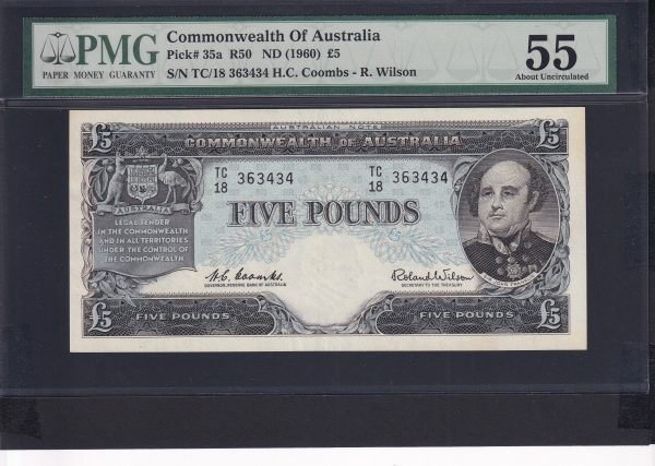 AUSTRALIA-Ʈϸ-PMG55-5 DOLLARS-#35a-1960