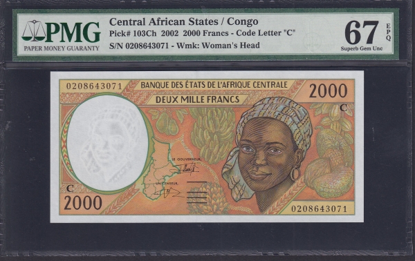 CENTRAL AFRICAN STATES/CONGO-߾Ӿīȭ/-PMG67-2,000 FRANCS-#103Ch-2002