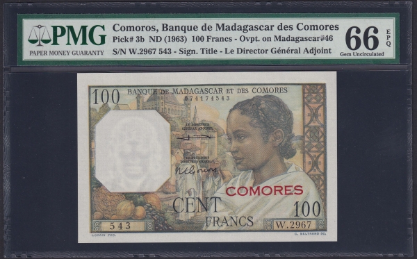 COMOROS-ڸ-PMG66-100 FRANCS-#3b-1963