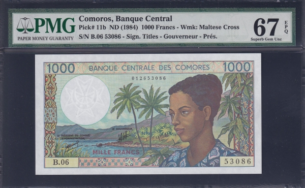 COMOROS-ڸ-PMG67-1.000 FRANCS-#11b-1984