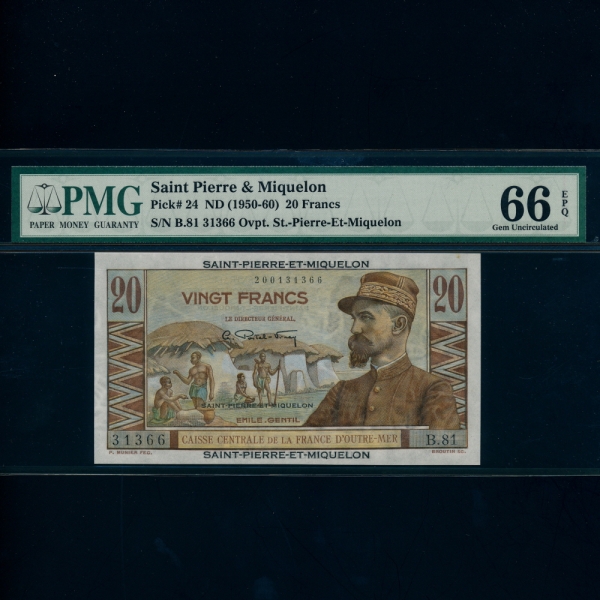 SAINT PIERRE & MIQUELON-Ʈ ǿ  -PMG66-20 FRANCS-#24-1950~1960