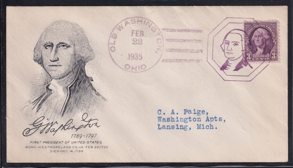 GEORGE WASHINGTON( )-FANCY COVER-OLD WASHINGTON,OHIO~LANSING,MICH.ü-1935.2.22
