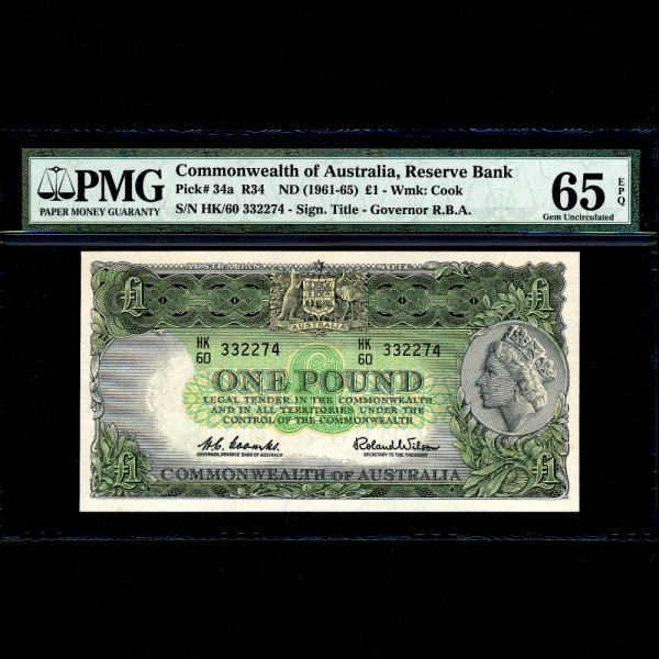 AUSTRALIA(Ʈϸ)-#34a-PMG65-QUEEN ELIZABETH 2-NO.332274-1 DOLLAR-1961~65