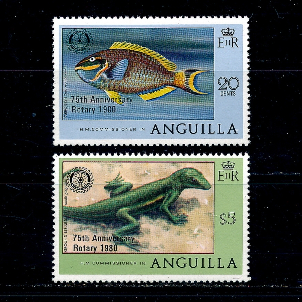 ANGUILA(ޱж)-#389~390(2)-75TH ANNIV.ROTARY,GREAT BARRACUDA,GROUND LIZARD(Ÿ,ٶ,)-1980.4.16