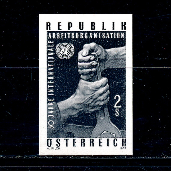 AUSTRIA(Ʈ)-IMPERF()-#844-2s-ILO,50TH ANNIV.HAND HOLDING WRENCH(뵿,)-1969.8.22
