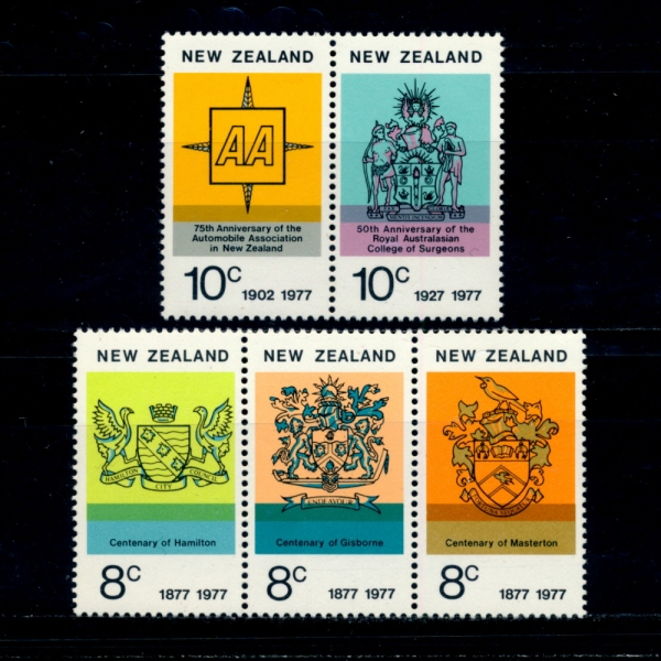 NEW ZEALAND()-#615~9(5)-CENTENARIES OF HAMILTON, GISBORNE AND MASTERTON, 75TH ANNIV. OF THE NEW ZEALAND AUTOMOBILE AND 50TH ANNIV. OF THE ROYAL AUSTRALASIAN COLLEGE OF SURGEONS(. ع ֳ,ܰ ǻ ո Ʈþ  50ֳ)-1977.1.19